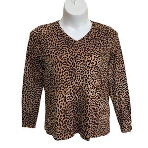 Lands End T-Shirt Top Womens XL Leopard Print Long Sleeve V-Neck Relaxed Fit